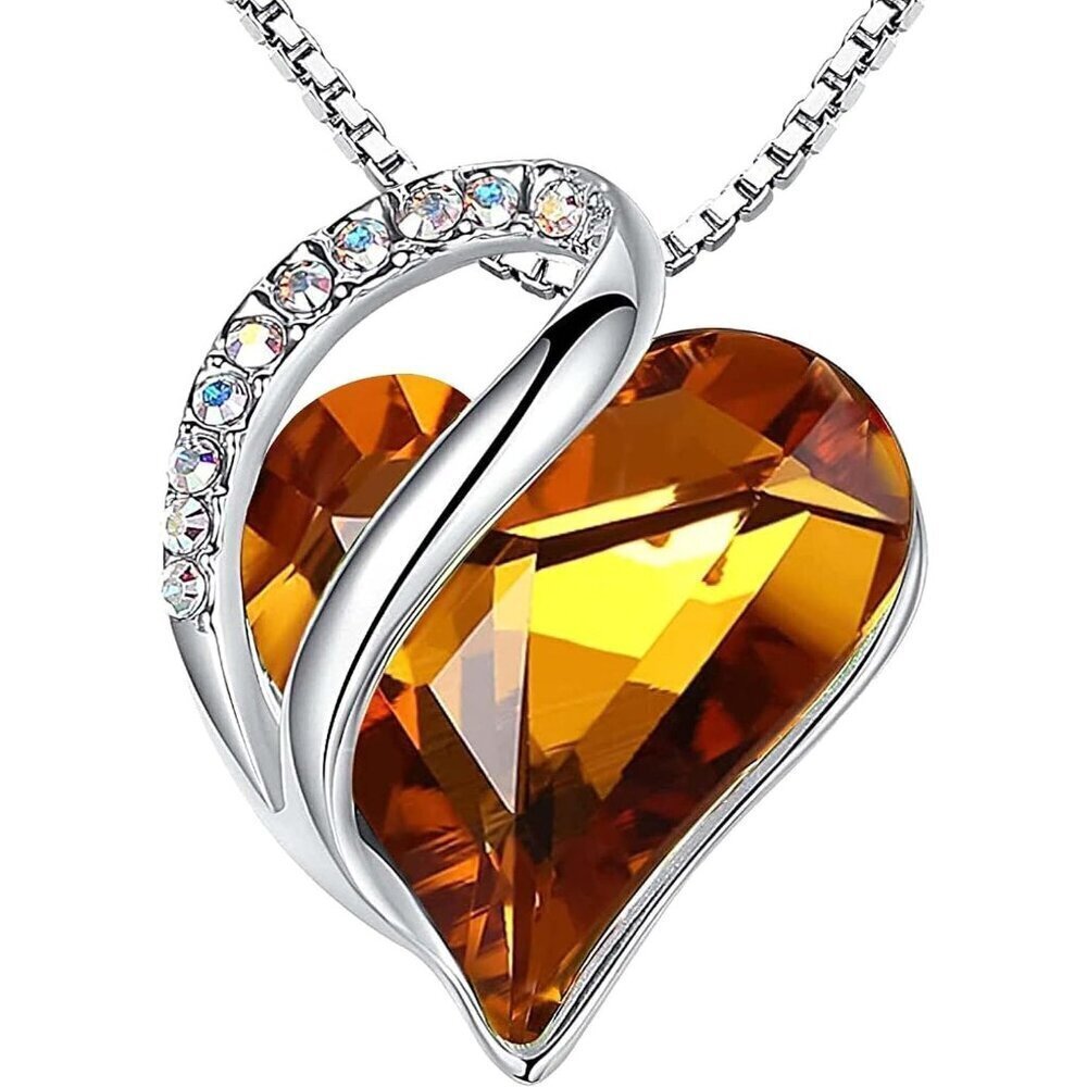 Infinity Love Birthstone Heart Pendant Amber Brown Necklace Women Mom Silver